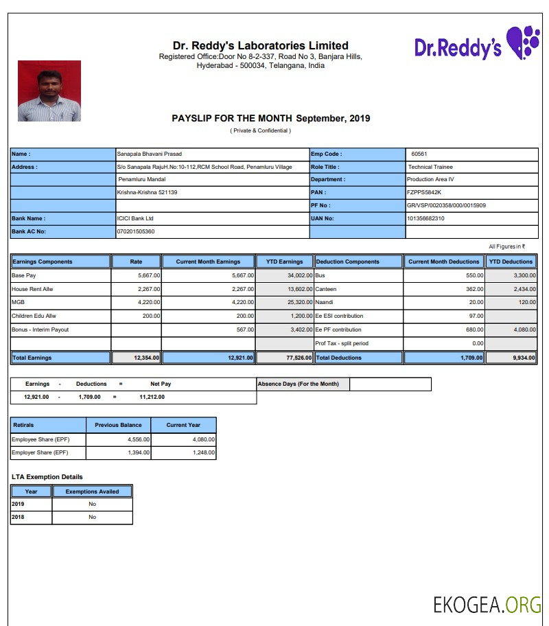Talon de paie de Dr. Reddy's Laboratories Limited au format PDF et Word